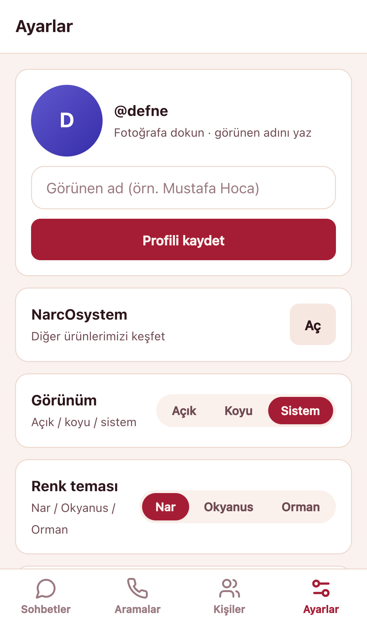 NarChat ayarlar — renk temaları, yazı boyu, uygulama kilidi