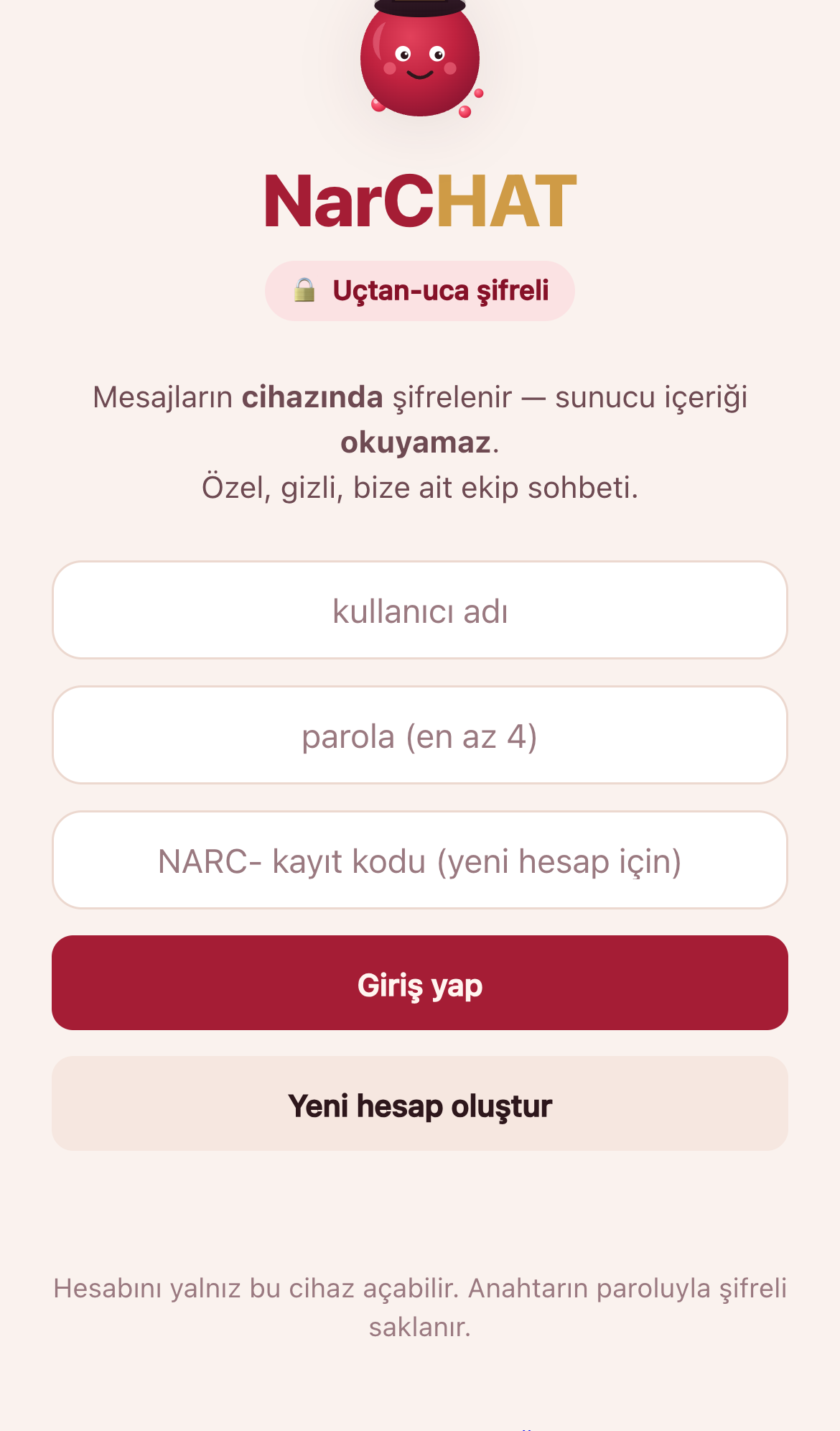 NarChat kayıt ekranı — yalnızca kullanıcı adı ve parola